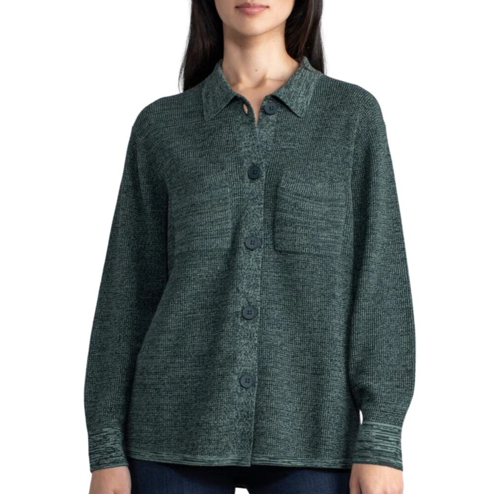 Margaret O'Leary Waffle Shacket Forest Green Medium 5 Button Cotton Sweater